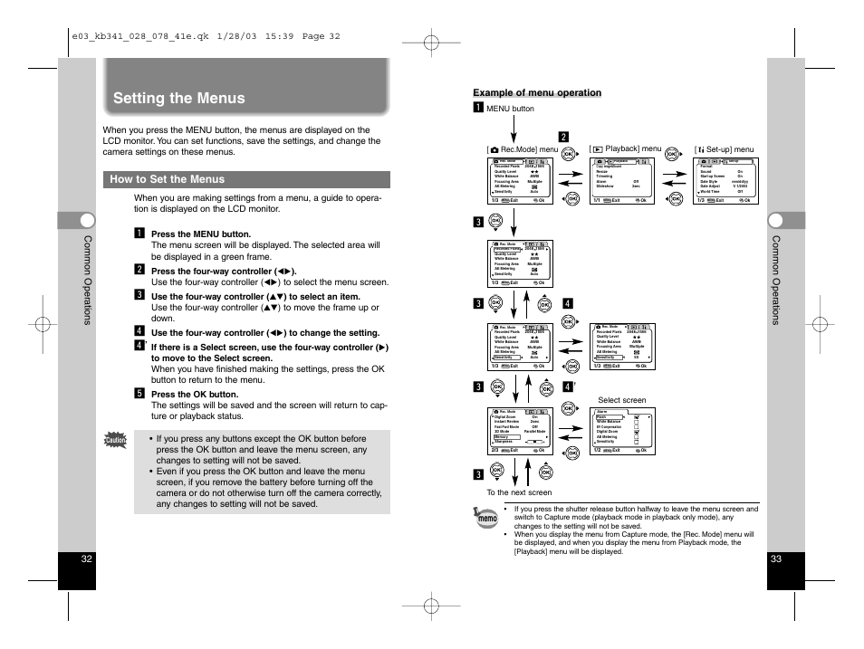 Setting the menus, How to set the menus, Cv c c v | 33 common oper ations 32 common oper ations, Use the four-way controller, Example of menu operation | Pentax Optio S User Manual | Page 19 / 36
