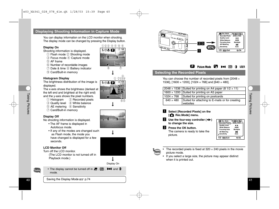 Selecting the recorded pixels, Displaying shooting information in capture mode, Xc z | Pentax Optio S User Manual | Page 23 / 36