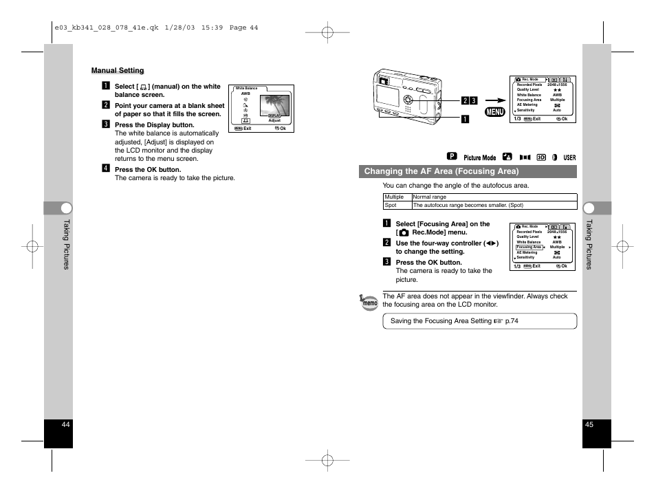 Changing the af area (focusing area) | Pentax Optio S User Manual | Page 25 / 36