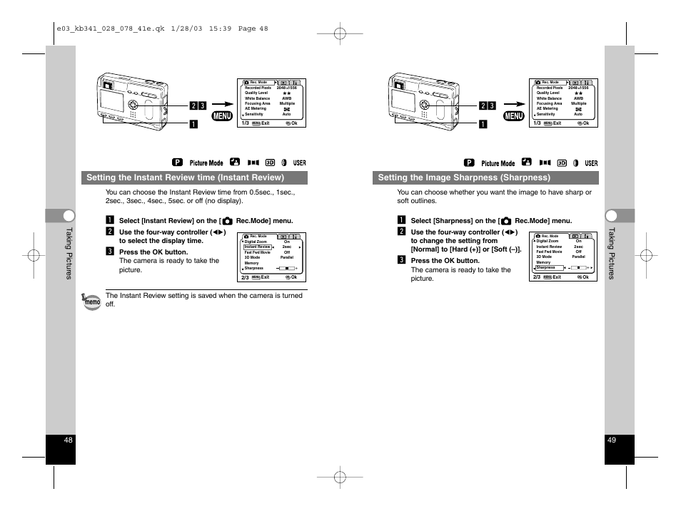 Setting the image sharpness (sharpness), Setting the instant review time (instant review) | Pentax Optio S User Manual | Page 27 / 36