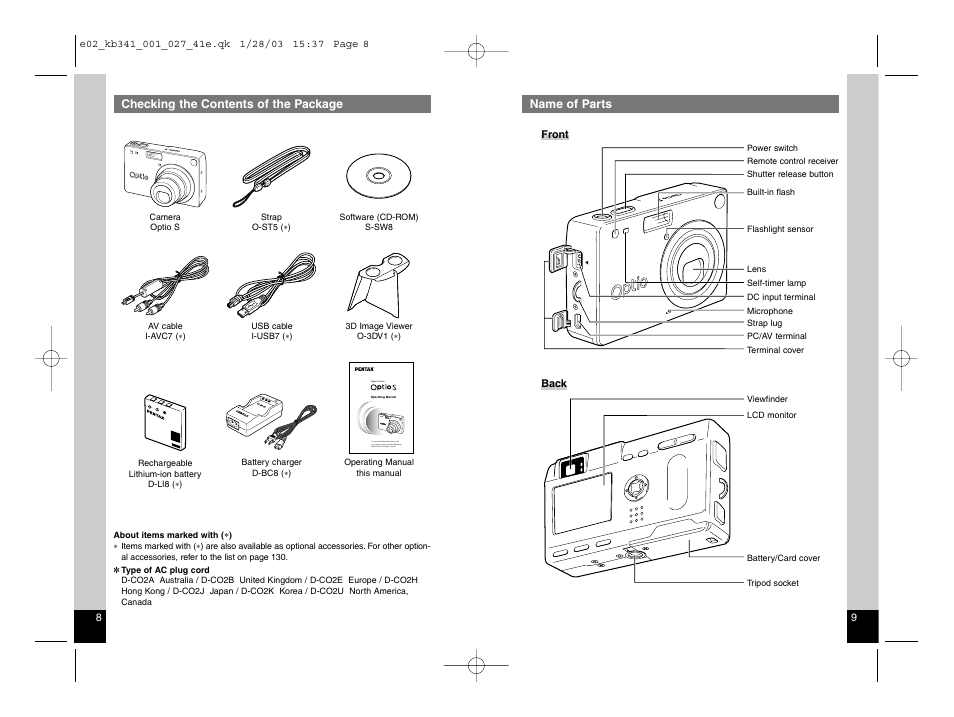 Name of parts, Checking the contents of the package | Pentax Optio S User Manual | Page 7 / 36