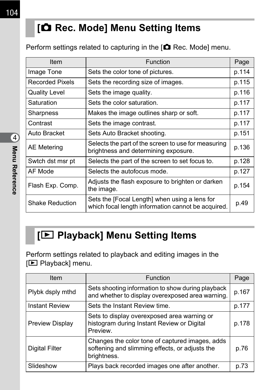 Rec. mode] menu setting items, Playback] menu setting items, Menu (p.104). nex | P.104), Enu (p.104). nex, Mode] menu (p.104), A rec. mode] menu setting items, Q playback] menu setting items | Pentax K100D User Manual | Page 106 / 220