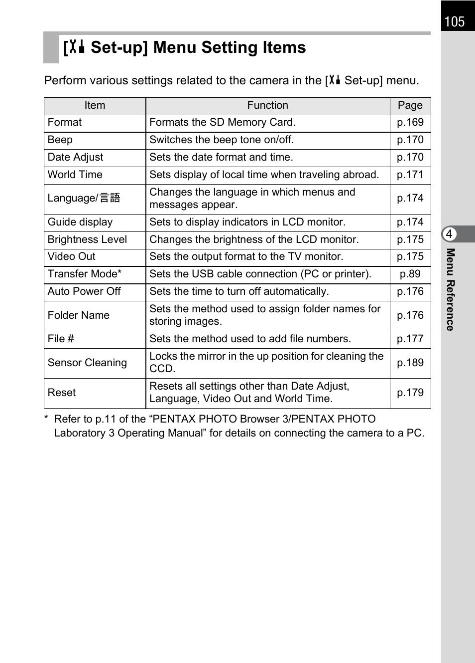 Set-up] menu setting items, H set-up] menu setting items, Guide display | P.105), P.105) and | Pentax K100D User Manual | Page 107 / 220