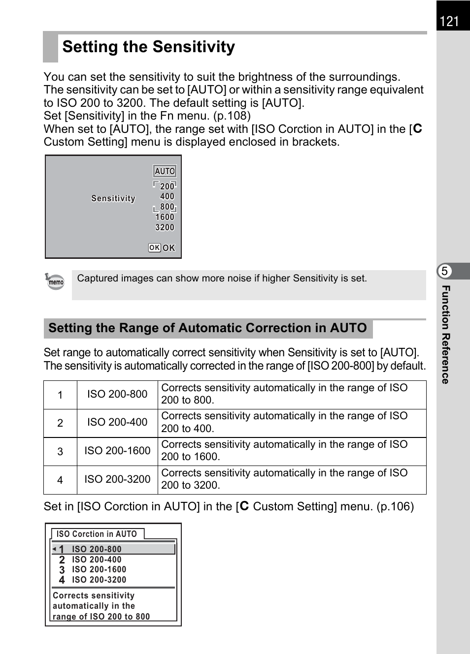 Setting the sensitivity, P.121, P.121) | Setting the range of automatic correction in auto | Pentax K100D User Manual | Page 123 / 220