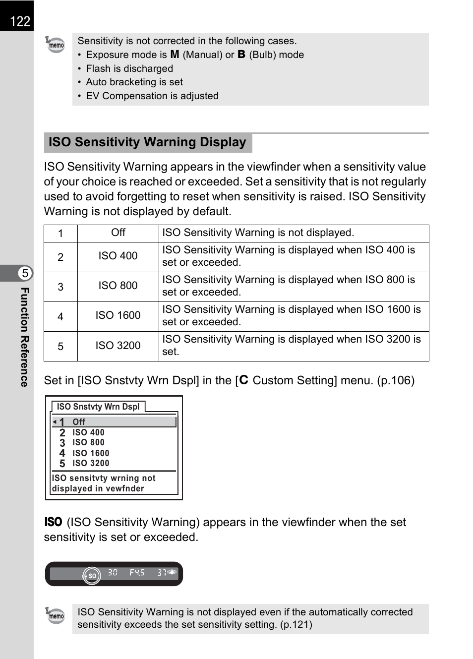 Ng (p.122, P.122, Iso sensitivity warning display | Pentax K100D User Manual | Page 124 / 220