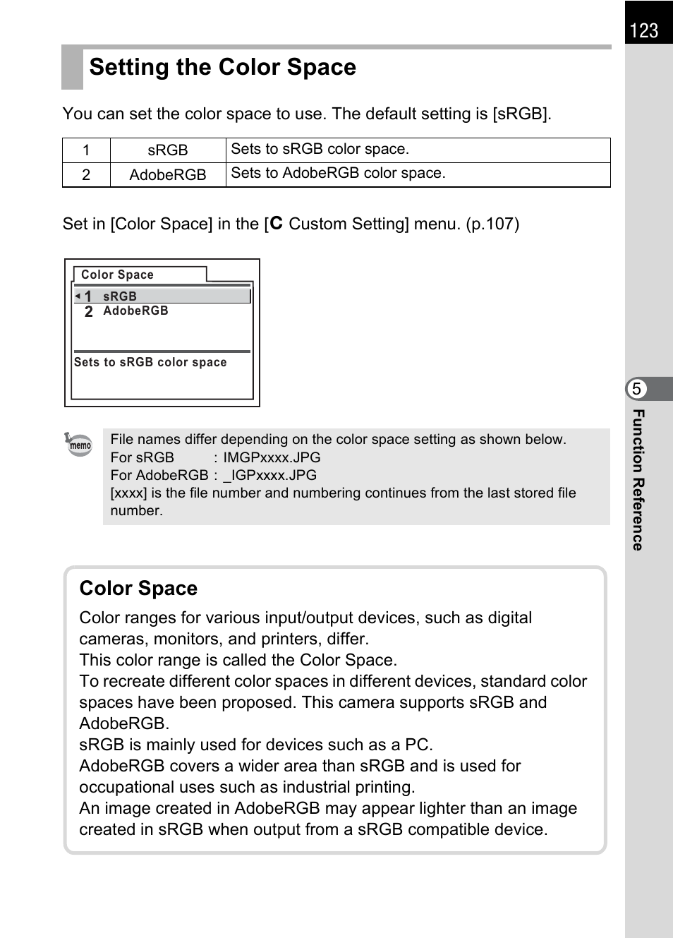 Setting the color space, P.123), P.123 | Color space | Pentax K100D User Manual | Page 125 / 220