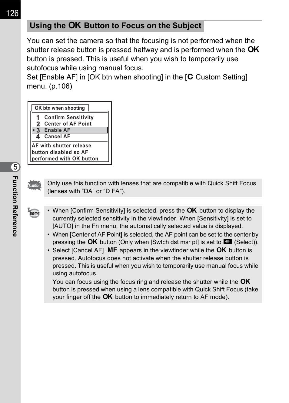 P.126), P.126, Using the 4 button to focus on the subject | Pentax K100D User Manual | Page 128 / 220