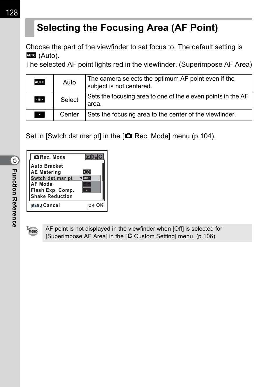 Selecting the focusing area (af point), Ng (p.128), P.128) | T (p.128), P.128, N (p.128, Selecting the focusing area (af, Point) (p.128) | Pentax K100D User Manual | Page 130 / 220