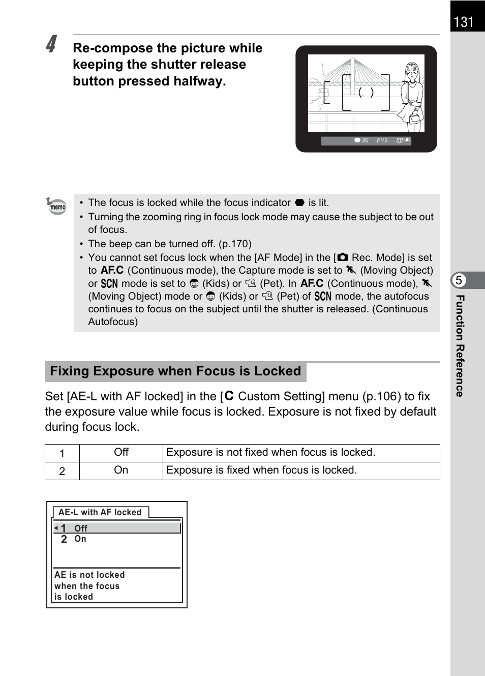 P.131, Fixing exposure when focus is locked | Pentax K100D User Manual | Page 133 / 220