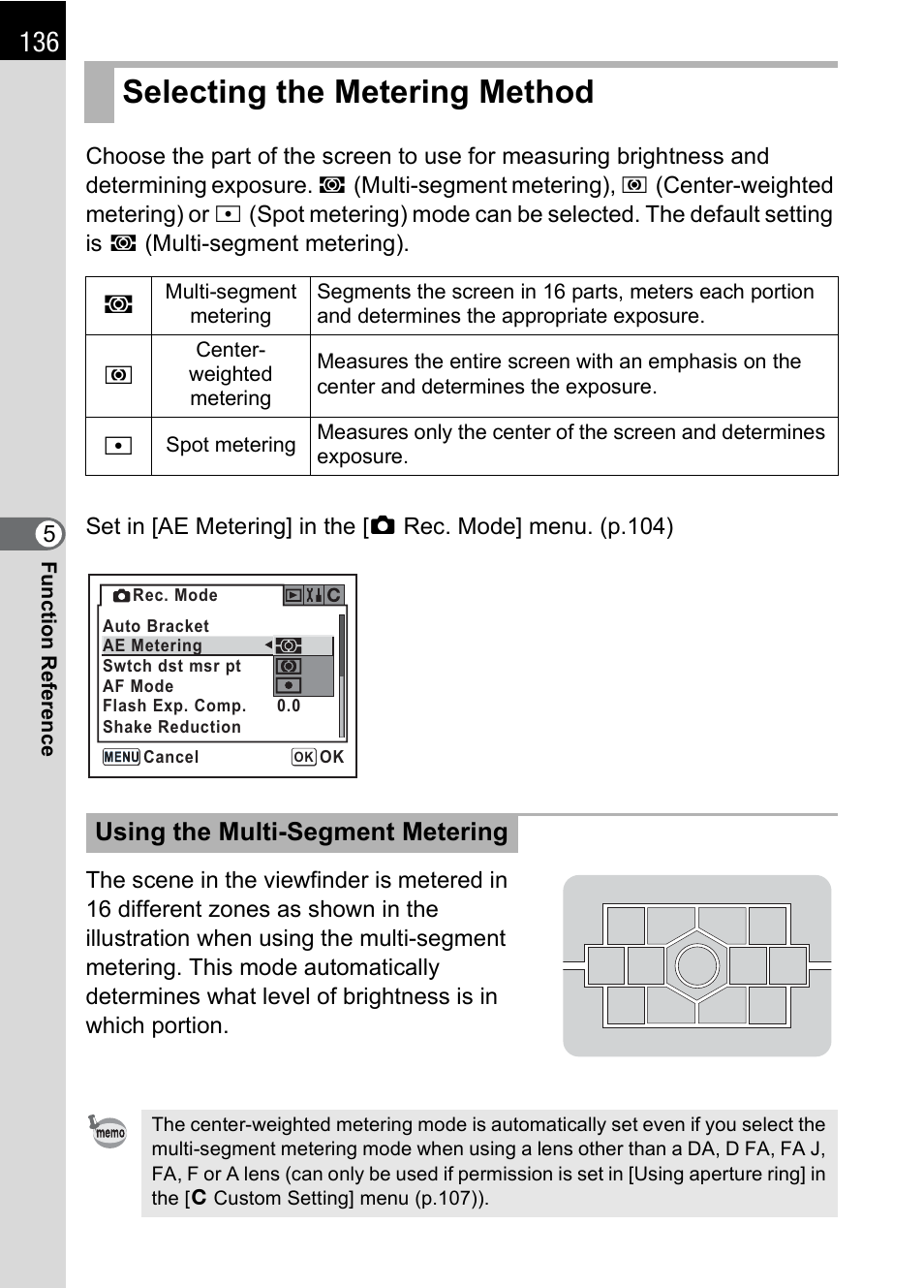 Selecting the metering method, P.136, P.136) | He [ae metering] s, Nu (p.136), Using the multi-segment metering | Pentax K100D User Manual | Page 138 / 220