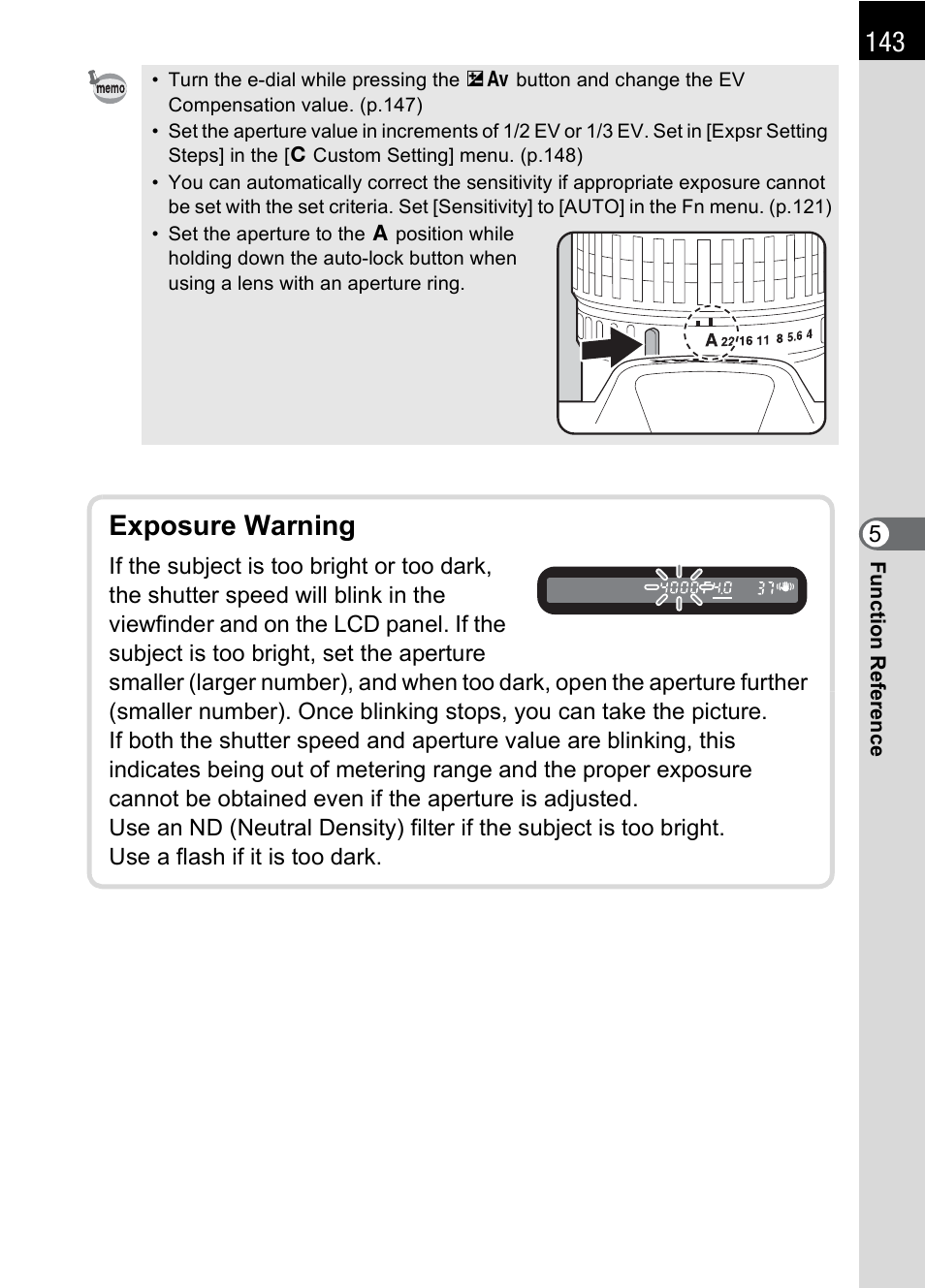 Exposure warning | Pentax K100D User Manual | Page 145 / 220