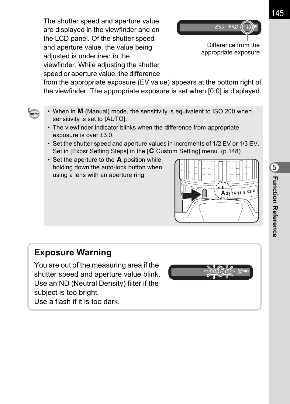 Exposure warning | Pentax K100D User Manual | Page 147 / 220