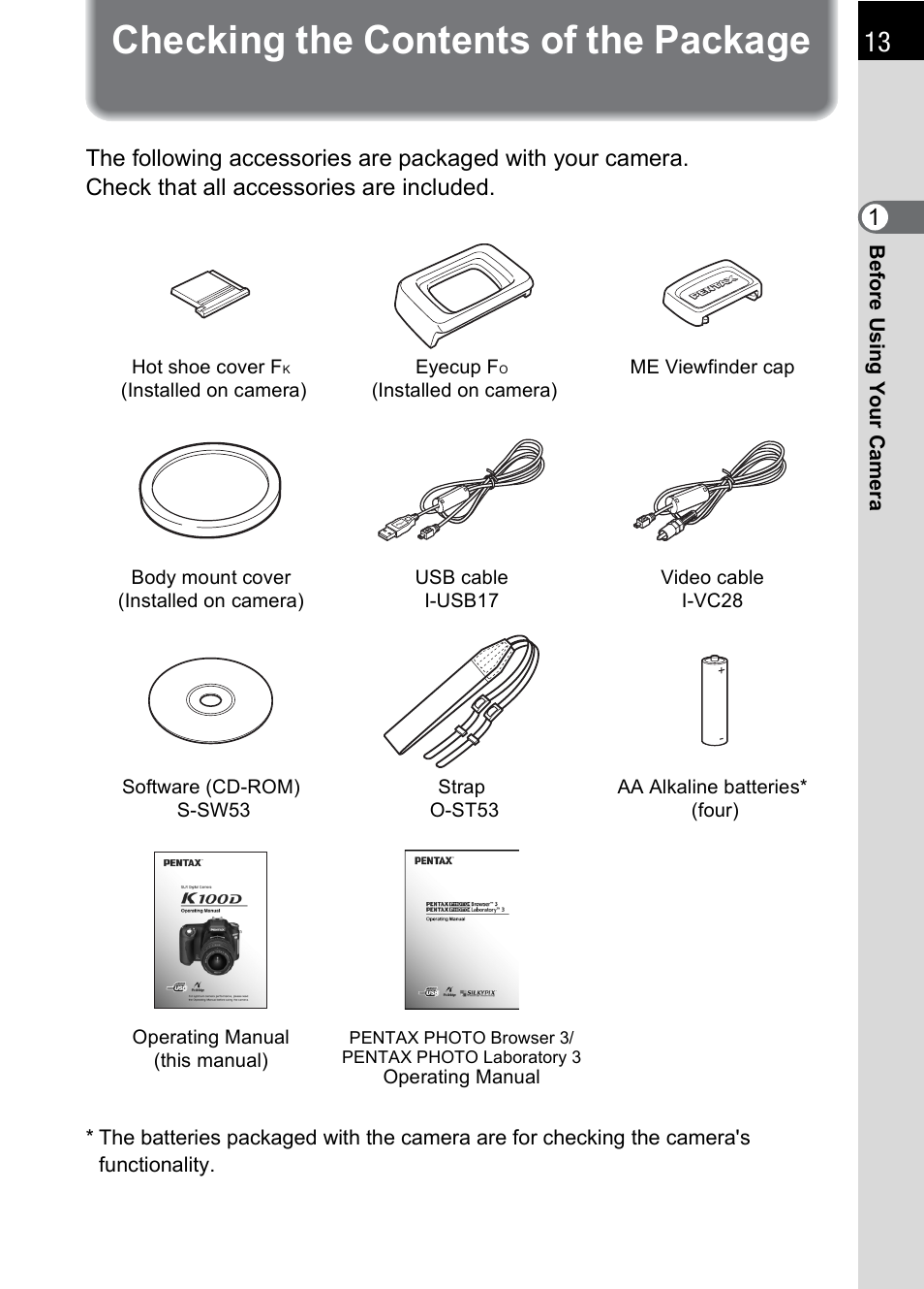 Checking the contents of the package | Pentax K100D User Manual | Page 15 / 220