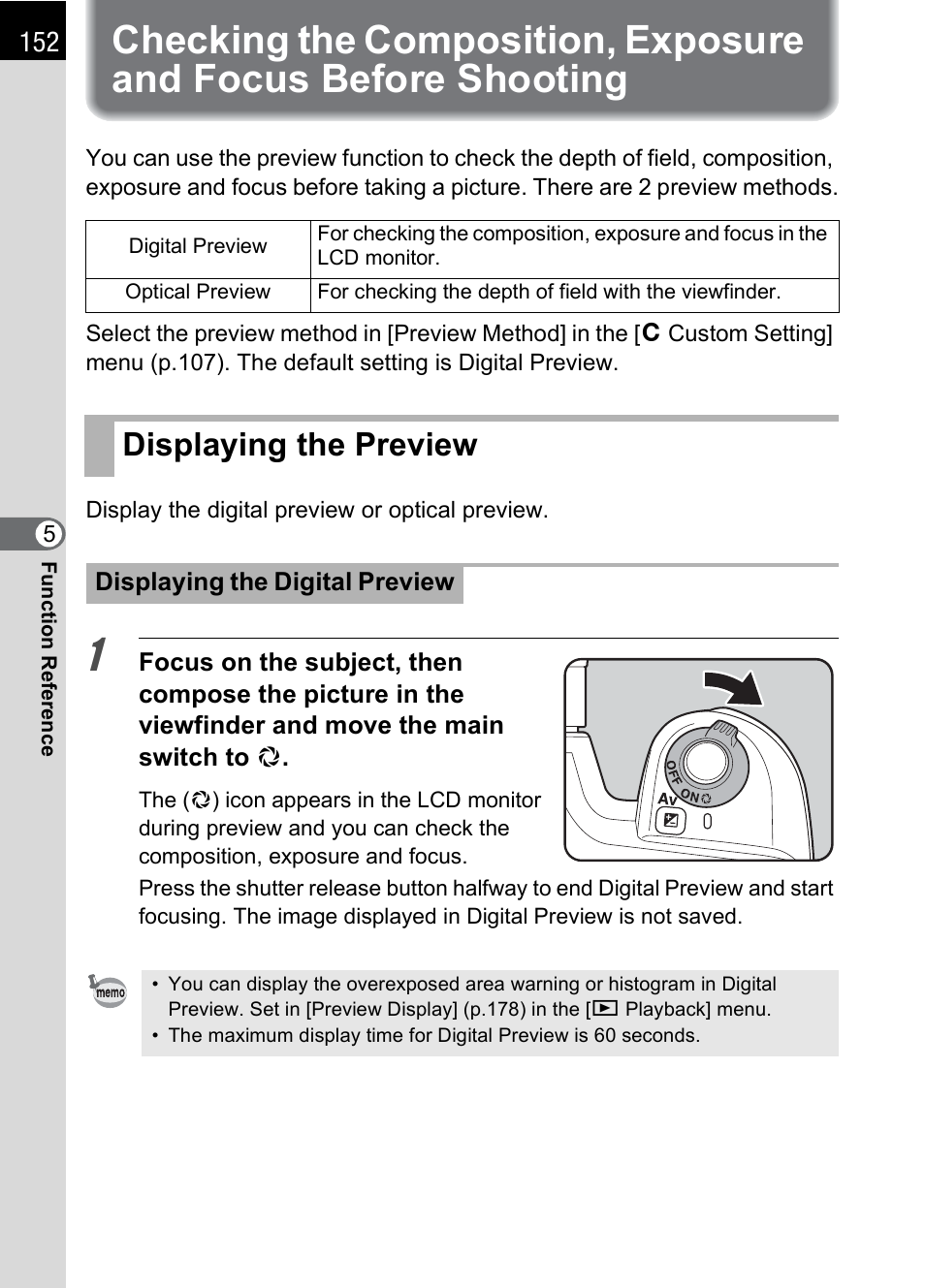 Displaying the preview, P.152, Iew (p.152) | Pentax K100D User Manual | Page 154 / 220