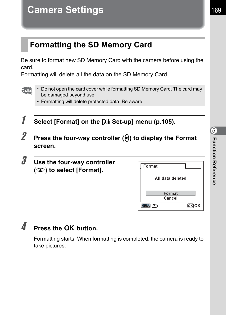 Camera settings, Formatting the sd memory card, P.169 | Pentax K100D User Manual | Page 171 / 220