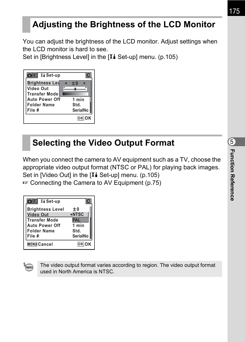 Adjusting the brightness of the lcd monitor, Selecting the video output format, P.175 | Pentax K100D User Manual | Page 177 / 220