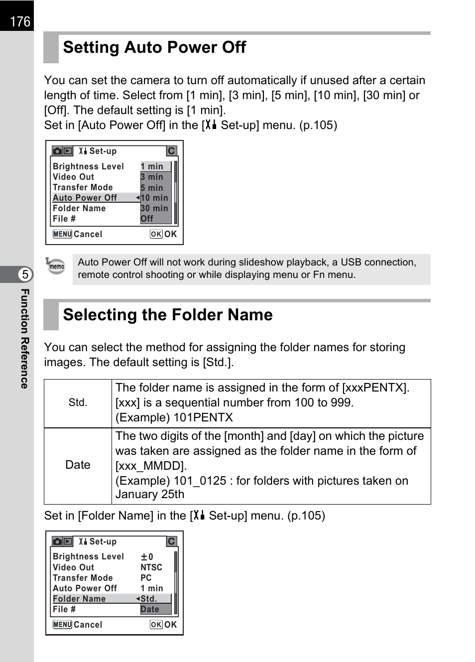 Setting auto power off, Selecting the folder name, Setting auto power off selecting the folder name | Er (p.176, R (p.176, p, P.176 | Pentax K100D User Manual | Page 178 / 220