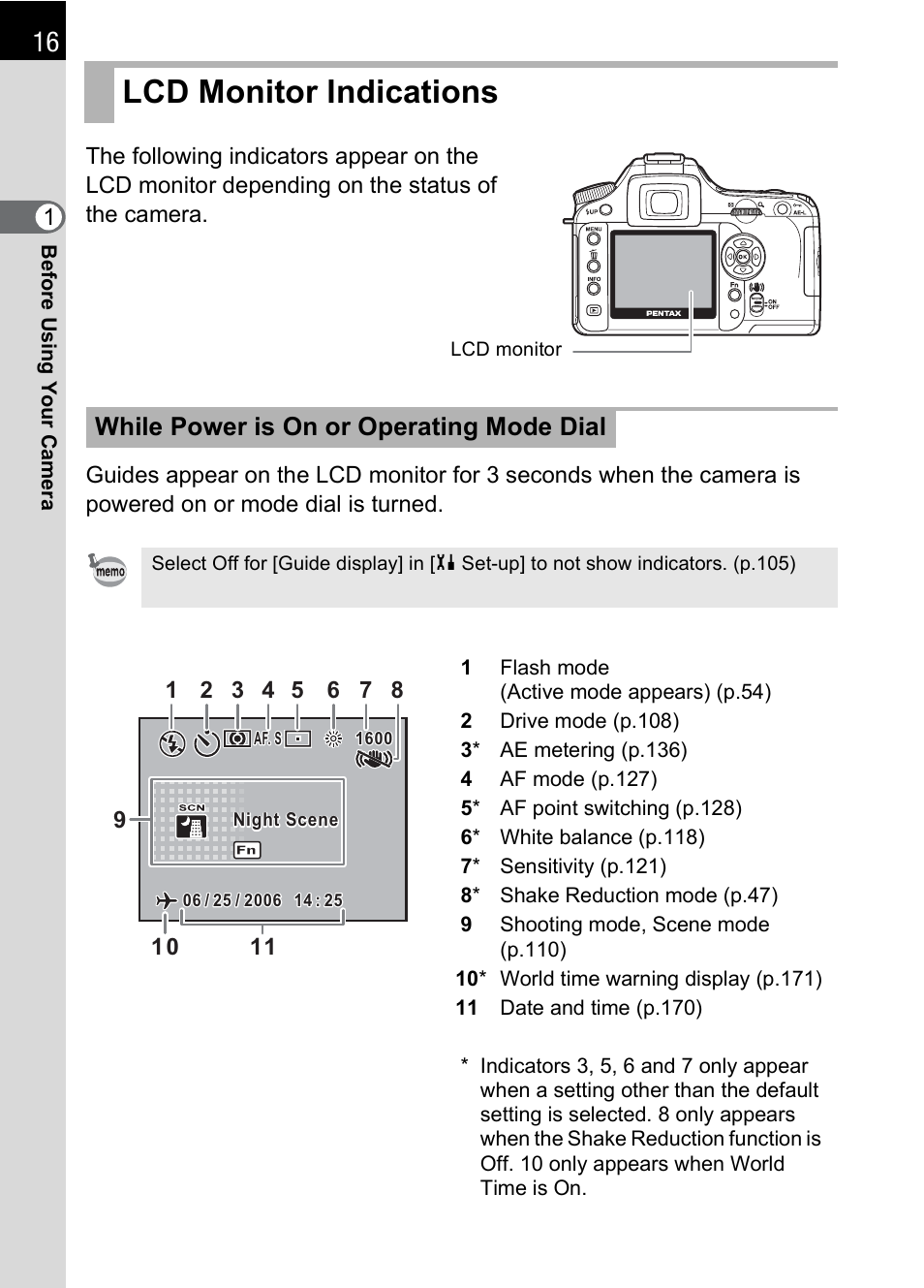 Lcd monitor indications, While power is on or operating mode dial | Pentax K100D User Manual | Page 18 / 220