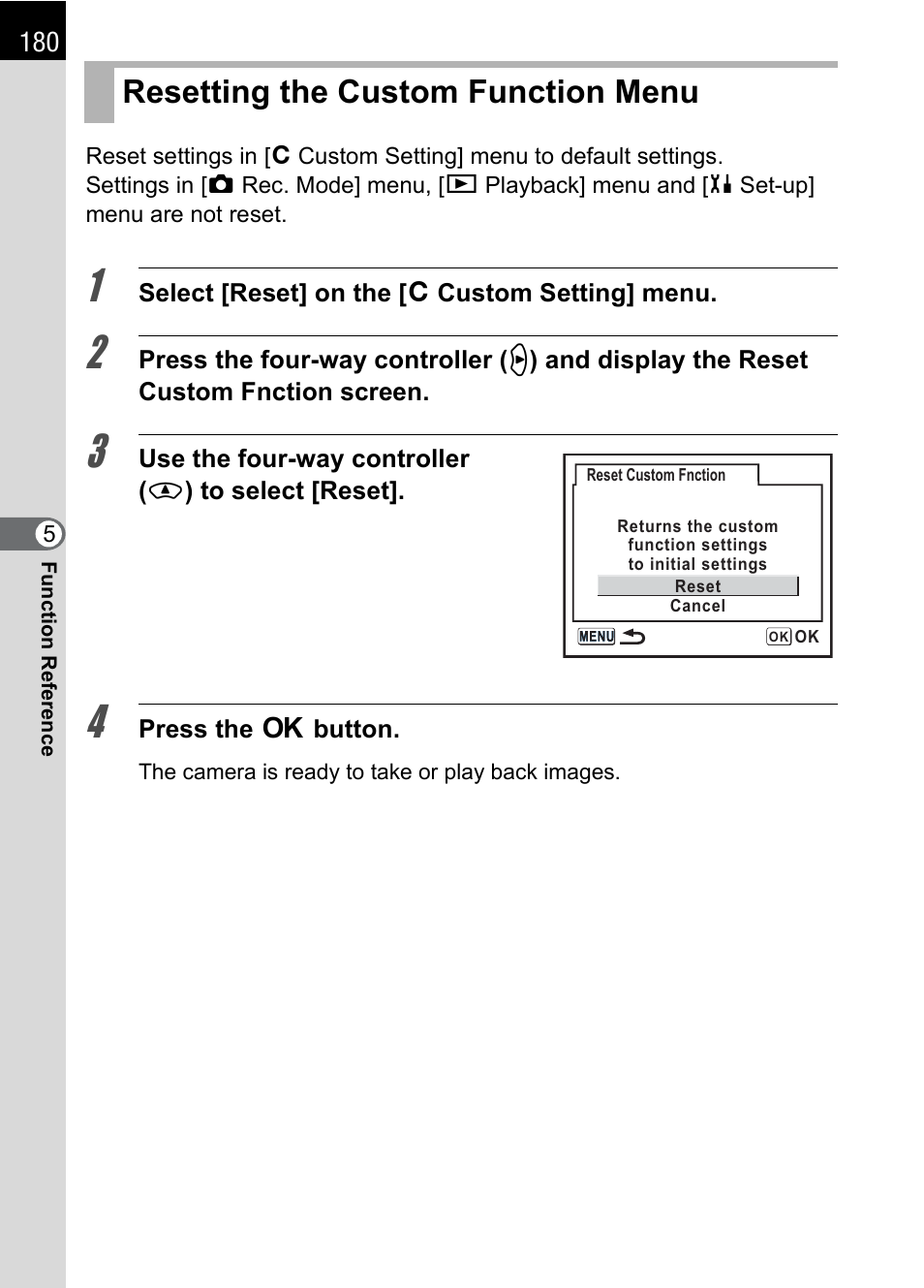 Resetting the custom function menu, P.180 | Pentax K100D User Manual | Page 182 / 220