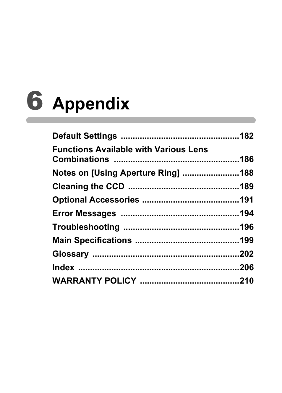 6 appendix, Appendix | Pentax K100D User Manual | Page 183 / 220