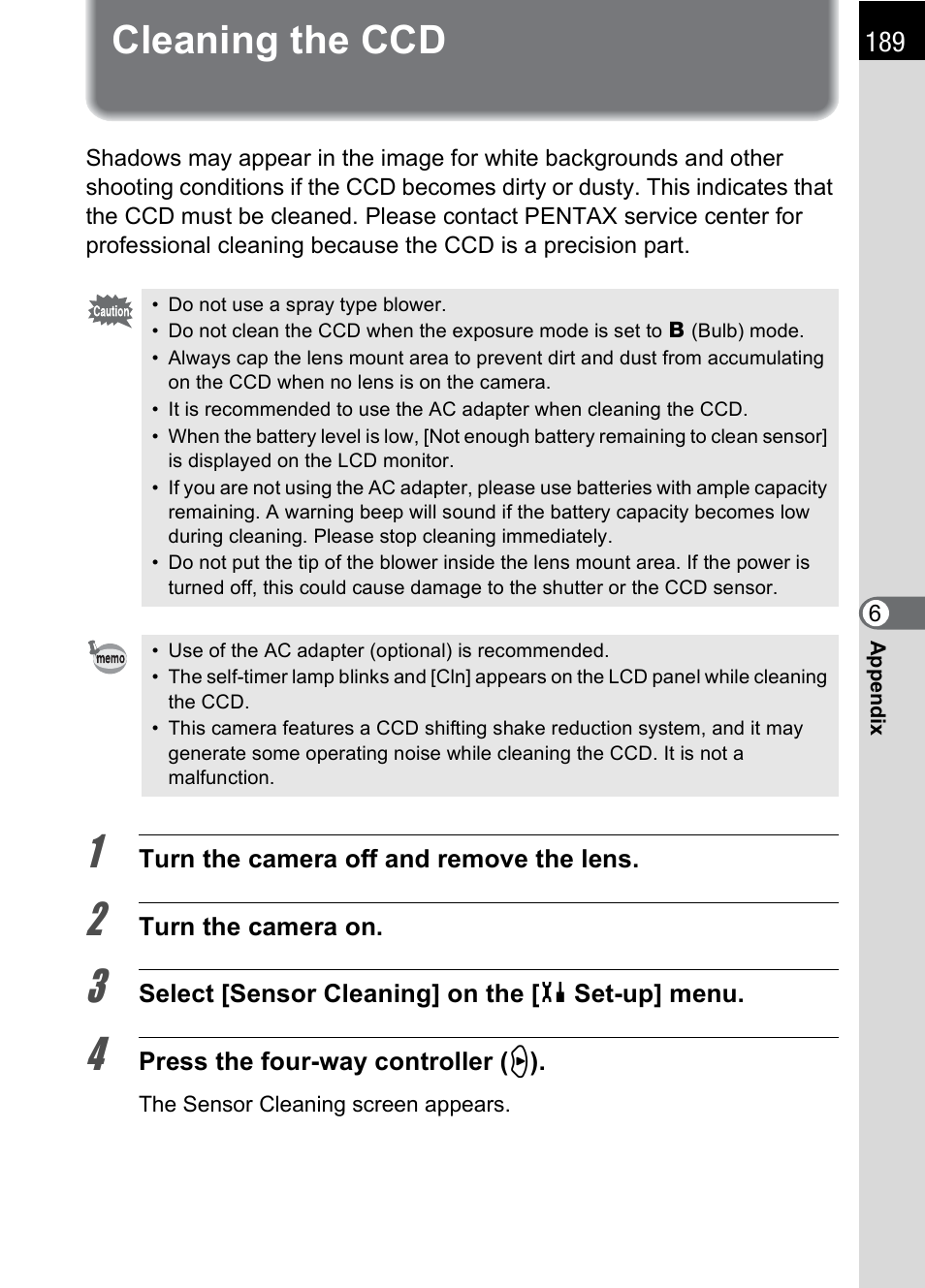 Cleaning the ccd, P.189 | Pentax K100D User Manual | Page 191 / 220