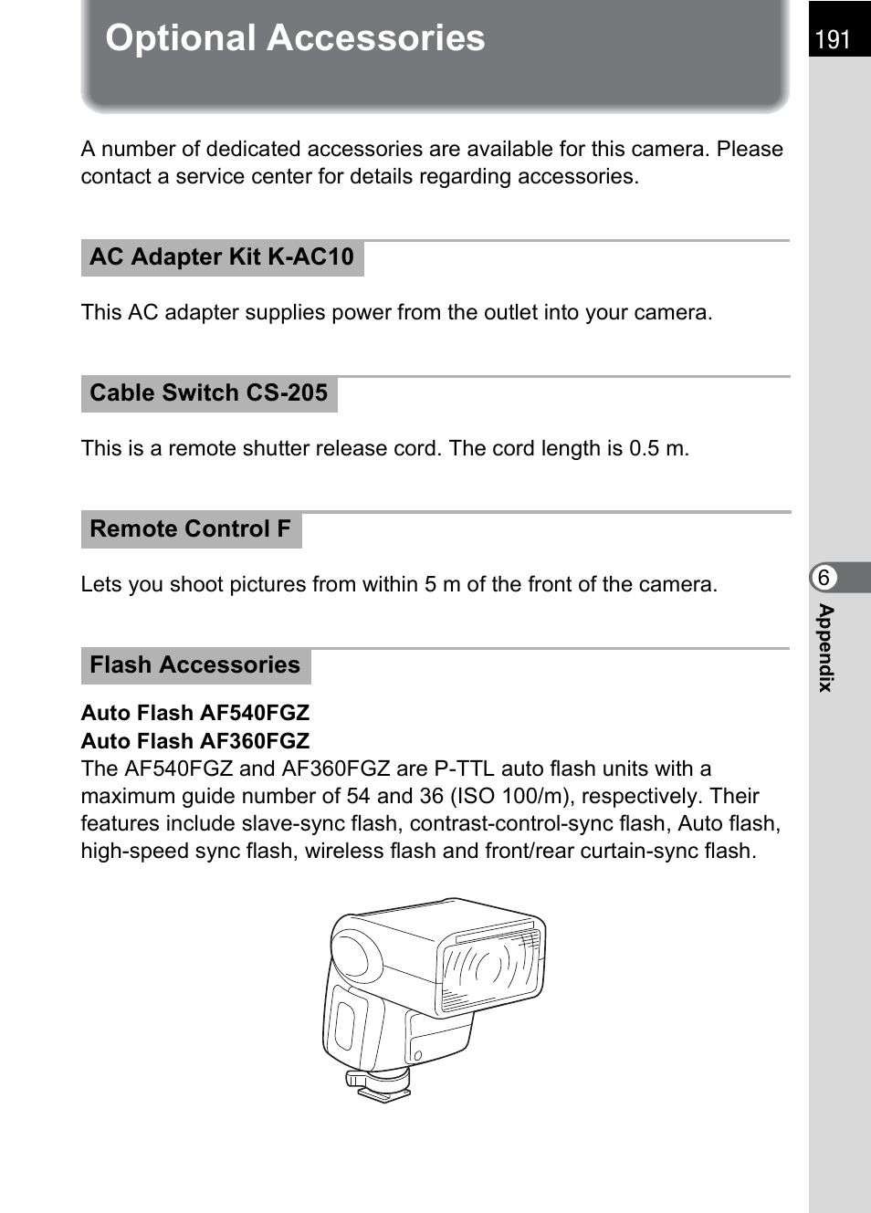 Optional accessories | Pentax K100D User Manual | Page 193 / 220