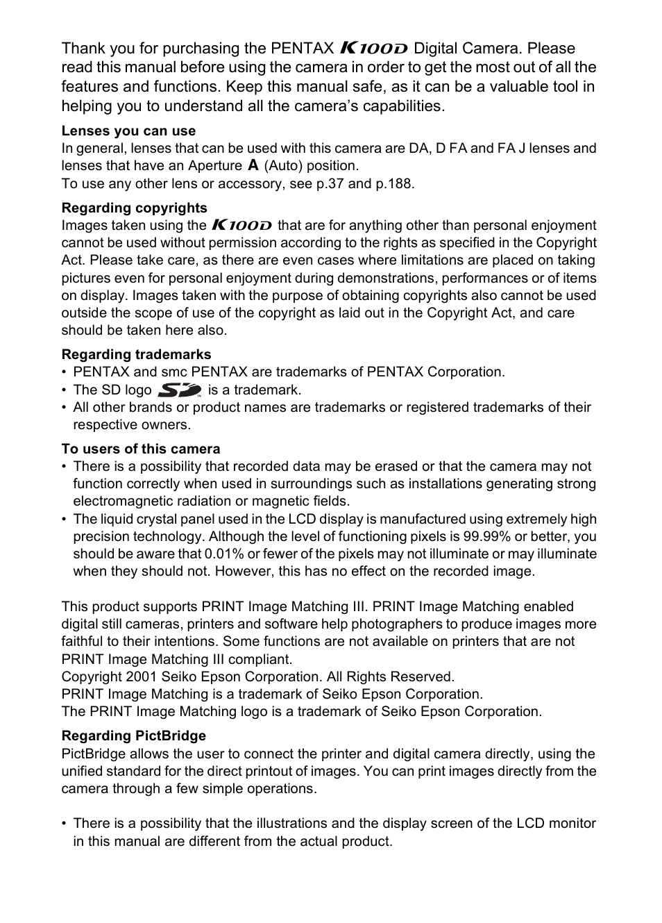 Pentax K100D User Manual | Page 2 / 220