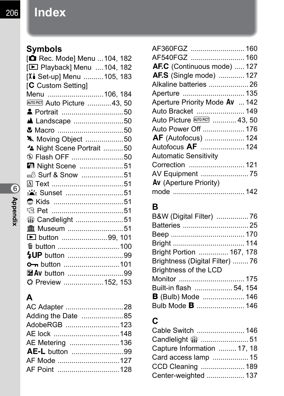 Index, Symbols | Pentax K100D User Manual | Page 208 / 220