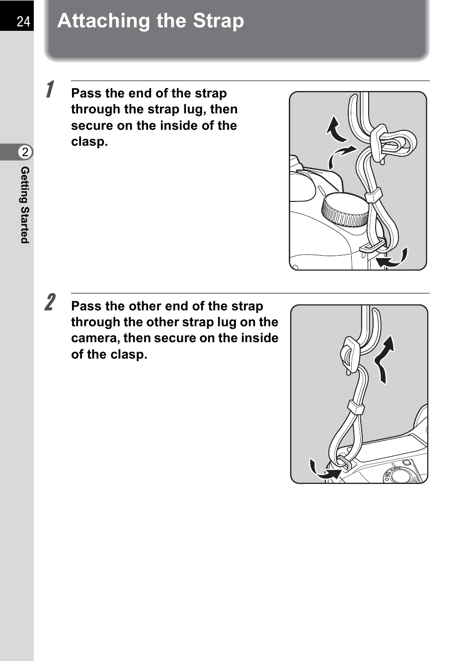 Attaching the strap | Pentax K100D User Manual | Page 26 / 220