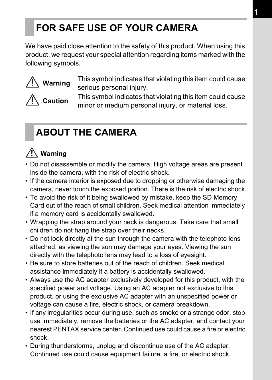 For safe use of your camera, About the camera | Pentax K100D User Manual | Page 3 / 220