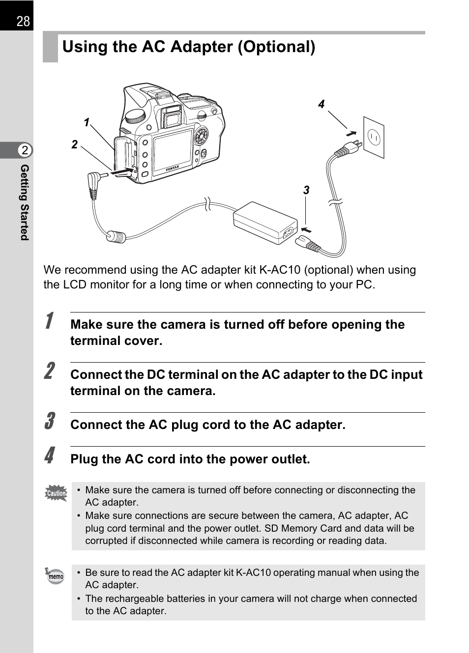 Using the ac adapter (optional) | Pentax K100D User Manual | Page 30 / 220