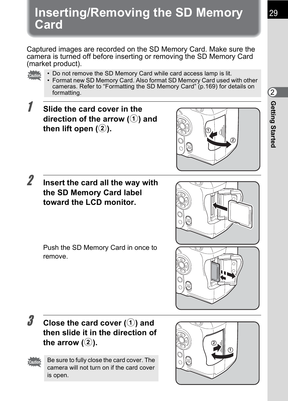 Inserting/removing the sd memory card | Pentax K100D User Manual | Page 31 / 220