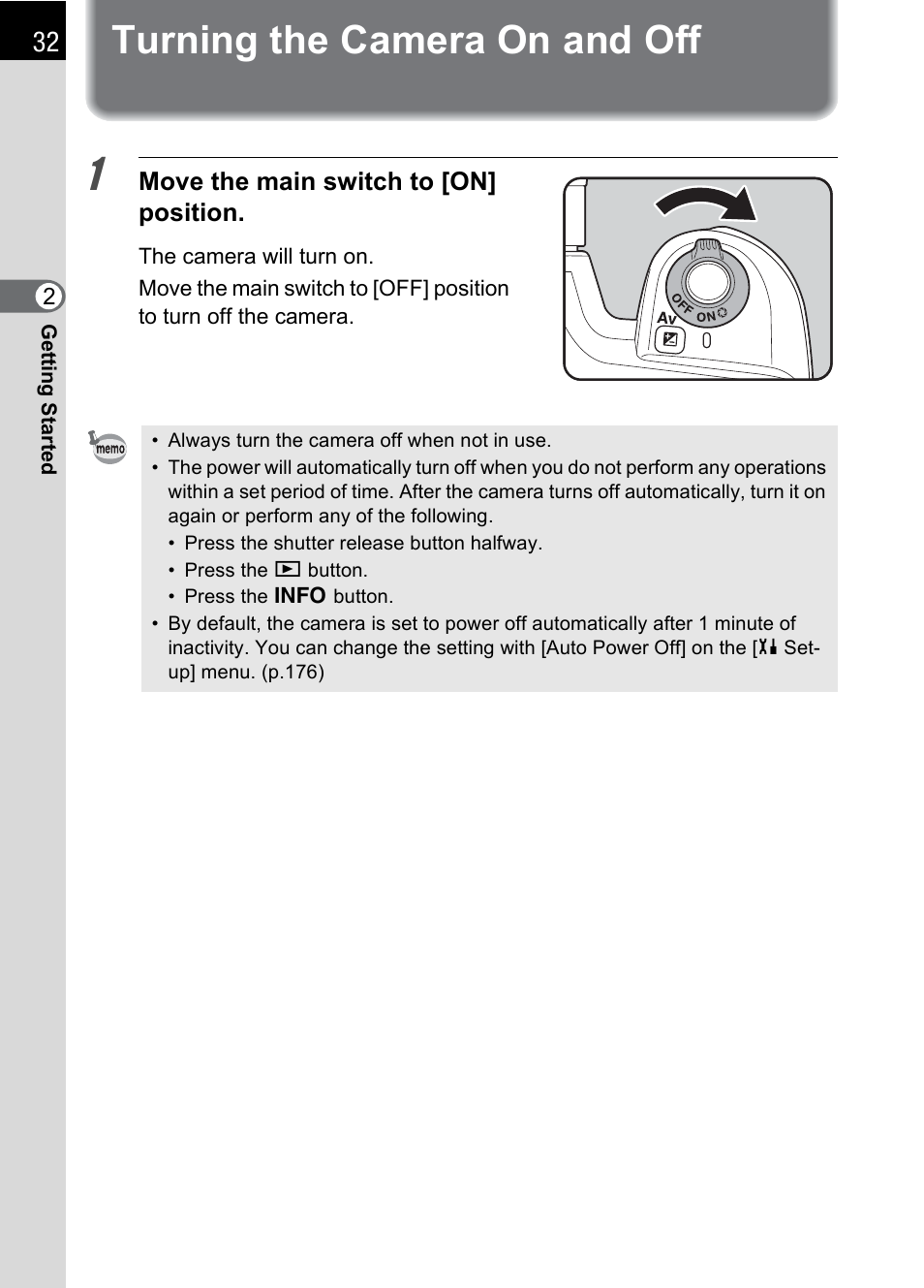 Turning the camera on and off | Pentax K100D User Manual | Page 34 / 220