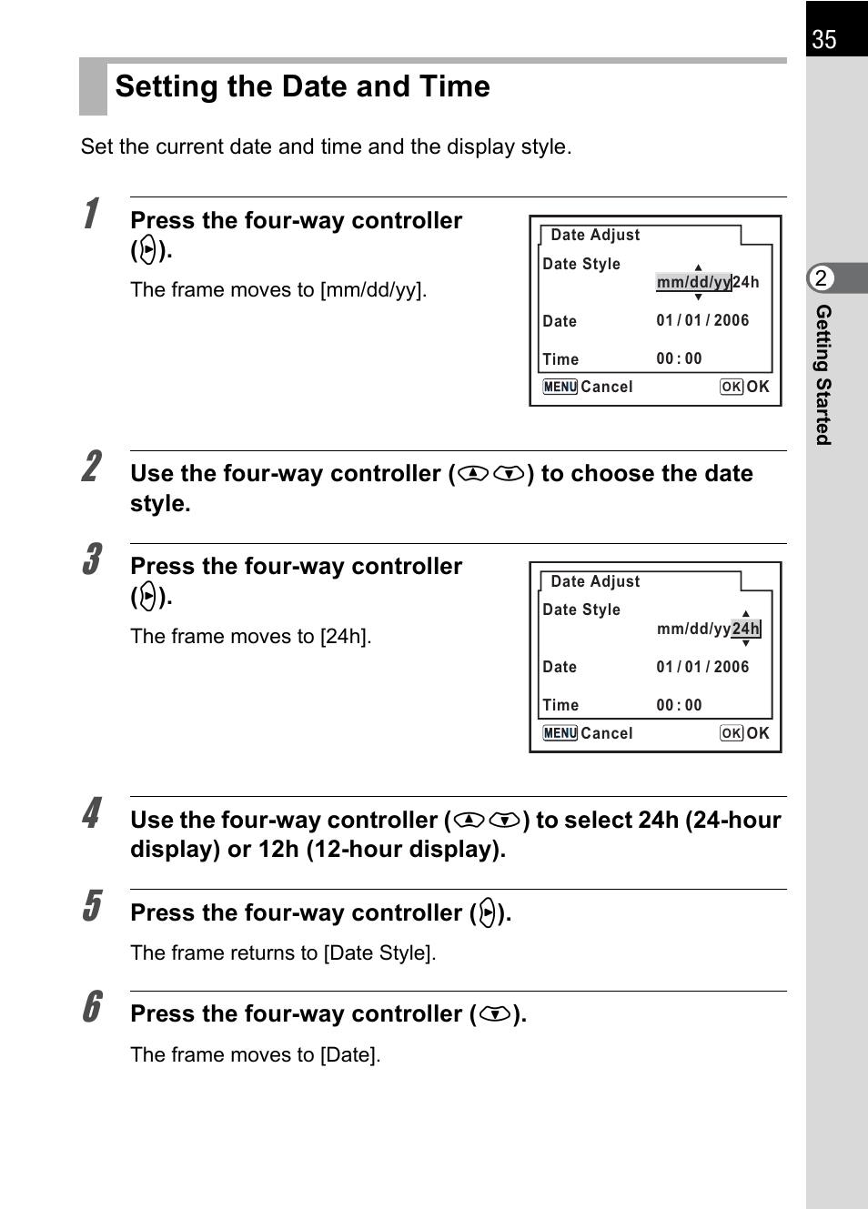 Setting the date and time | Pentax K100D User Manual | Page 37 / 220