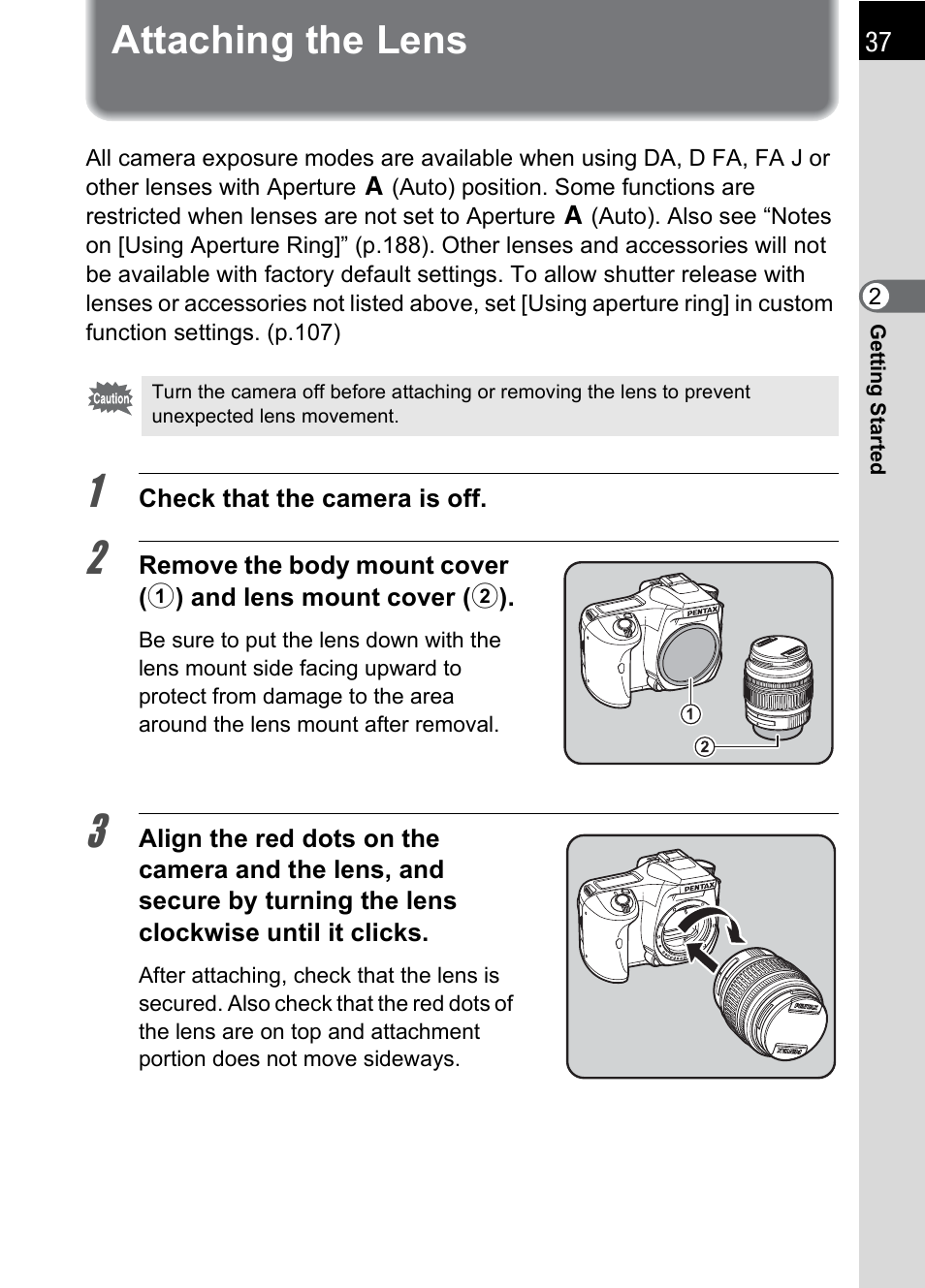 Attaching the lens | Pentax K100D User Manual | Page 39 / 220