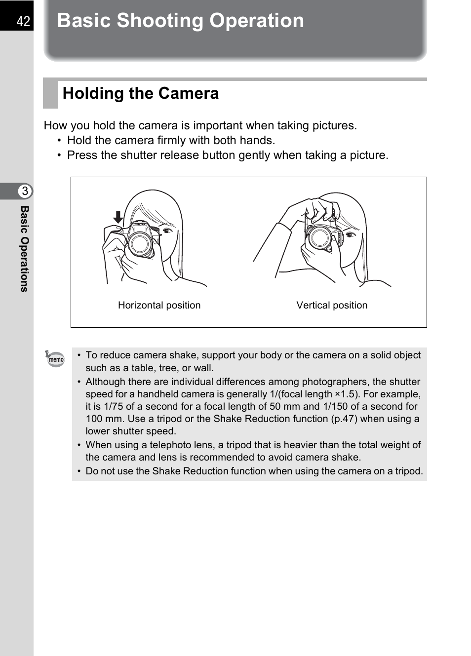 Basic shooting operation, Holding the camera | Pentax K100D User Manual | Page 44 / 220