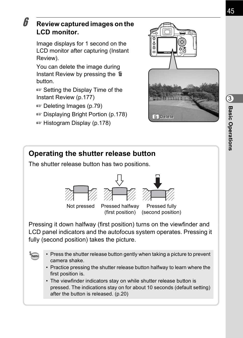 Operating the shutter release, Button (p.45), Operating the shutter release button | Review captured images on the lcd monitor | Pentax K100D User Manual | Page 47 / 220