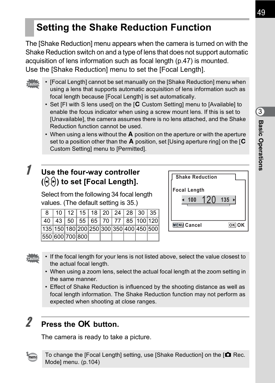 Setting the shake reduction function, Press the 4 button | Pentax K100D User Manual | Page 51 / 220