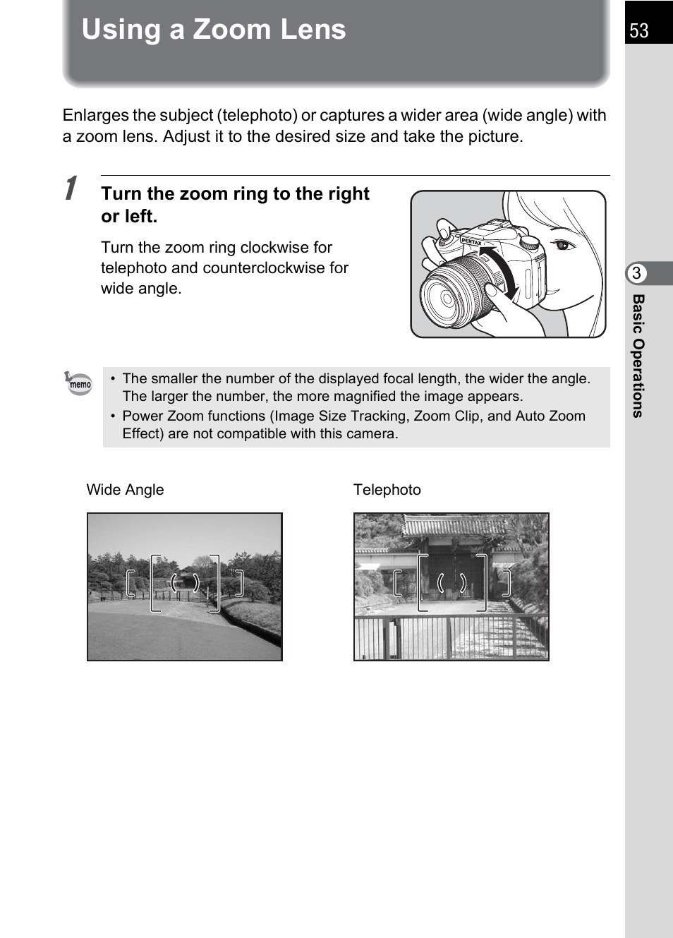 Using a zoom lens, Using a zoom lens (p.53) | Pentax K100D User Manual | Page 55 / 220