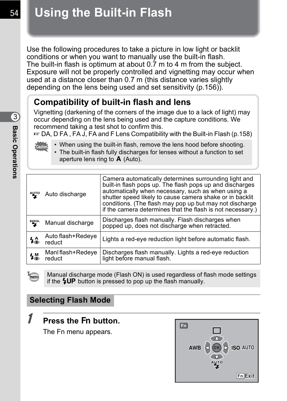 Using the built-in flash, P.54), Using the built-in flash (p.54) | Compatibility of built-in flash and lens, Press the { button, Selecting flash mode | Pentax K100D User Manual | Page 56 / 220