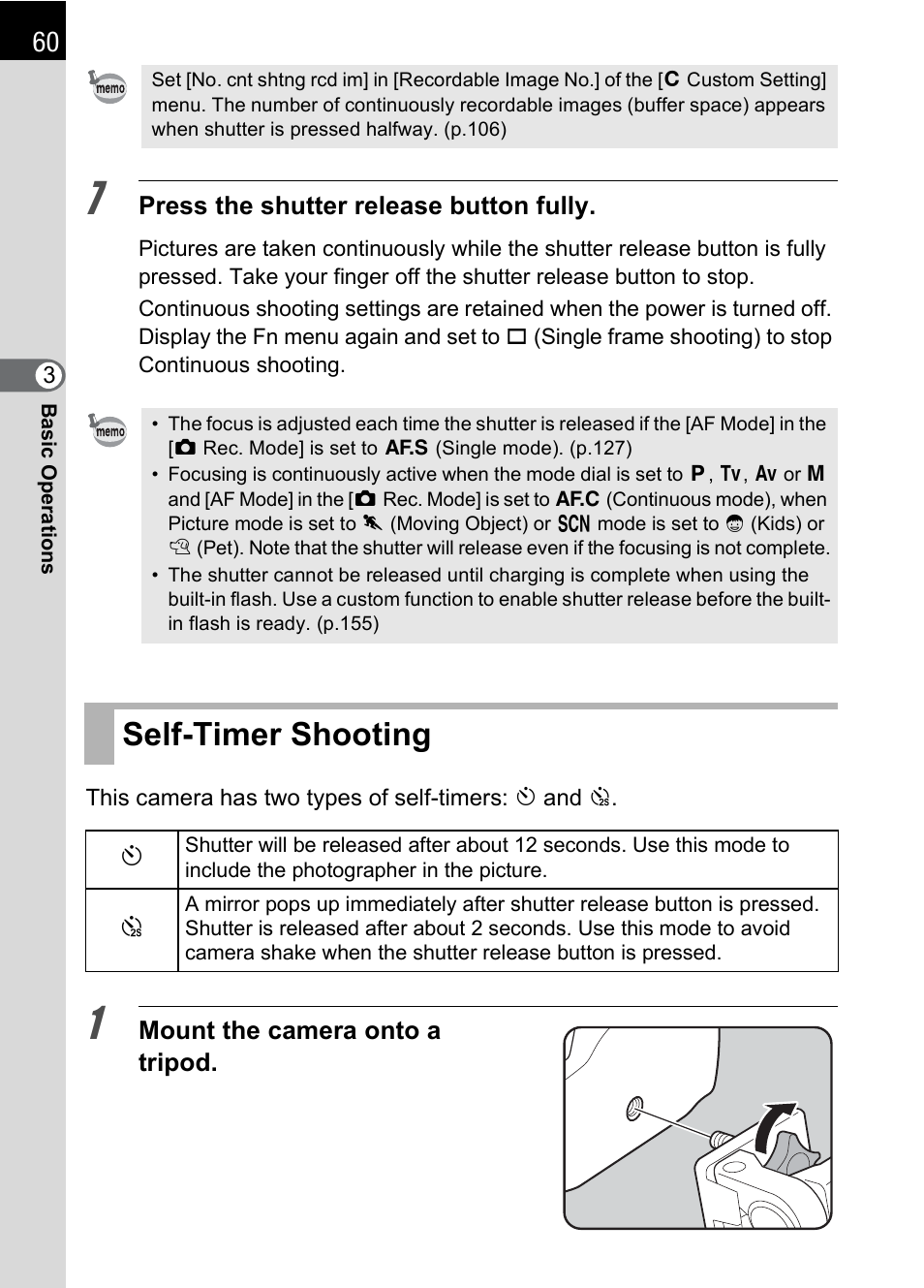 Self-timer shooting | Pentax K100D User Manual | Page 62 / 220