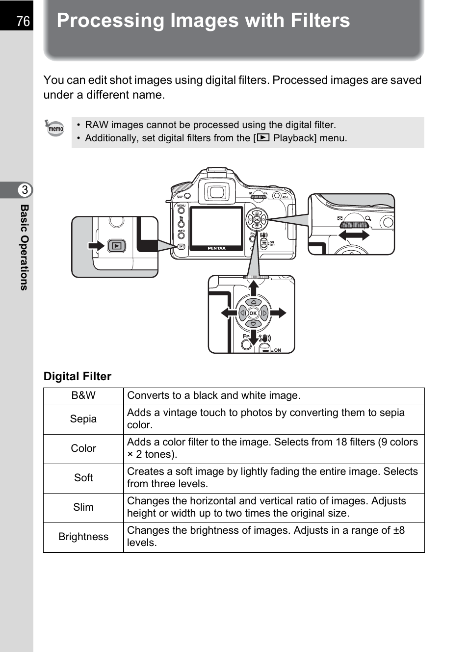 Processing images with filters | Pentax K100D User Manual | Page 78 / 220