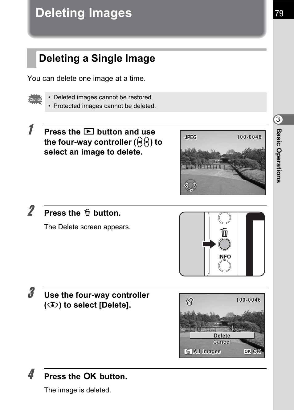 Deleting images, Deleting a single image, Deleting images (p.79) | Pentax K100D User Manual | Page 81 / 220