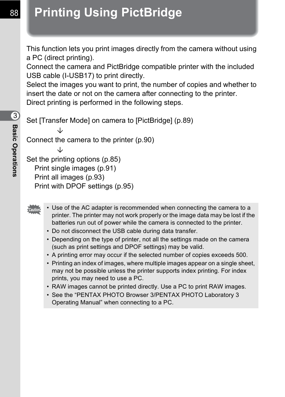 Printing using pictbridge | Pentax K100D User Manual | Page 90 / 220