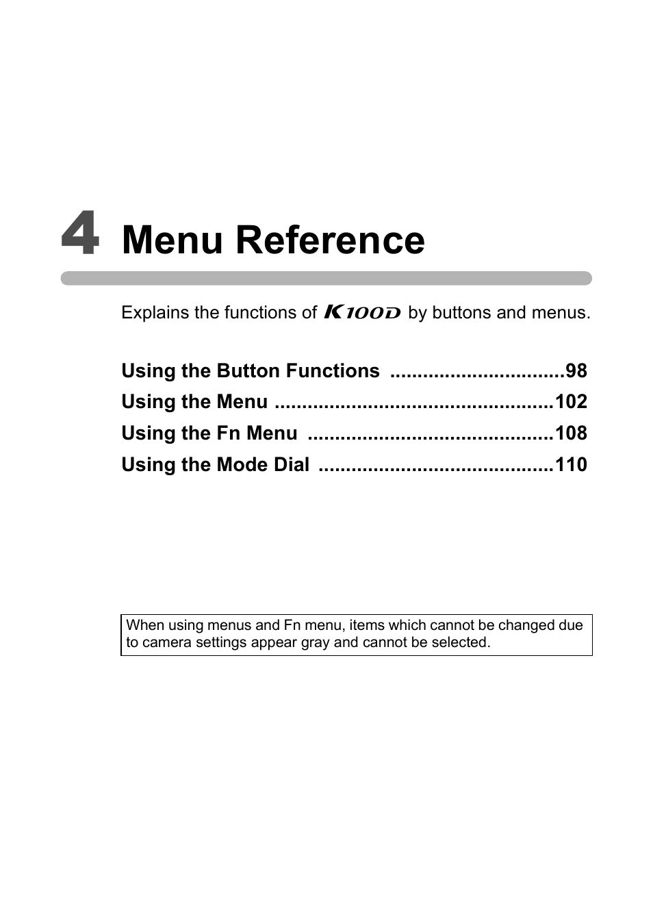 4 menu reference, Menu reference | Pentax K100D User Manual | Page 99 / 220