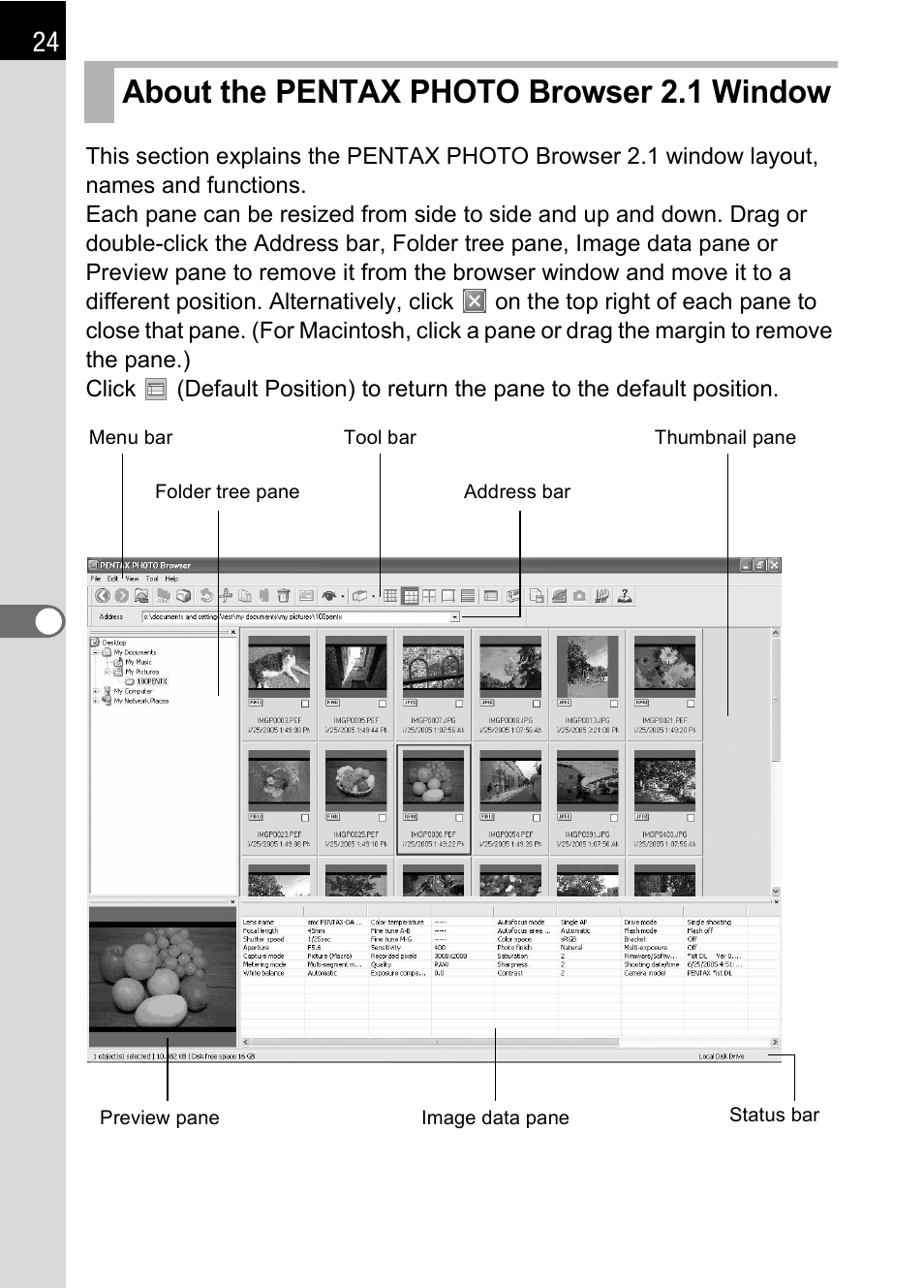 About the pentax photo browser 2.1 window | Pentax 2.1 User Manual | Page 26 / 104