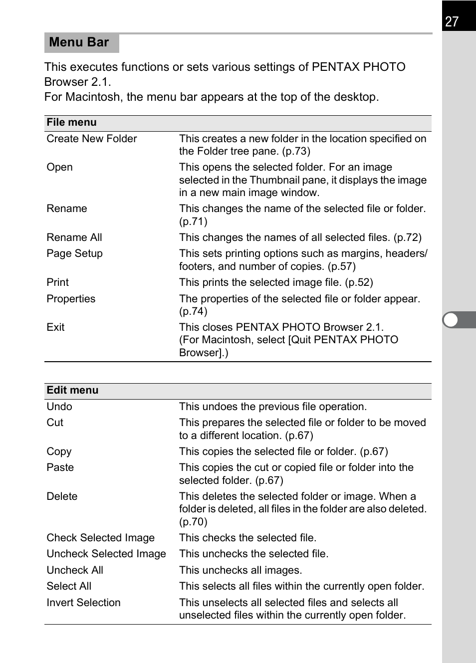 Menu bar | Pentax 2.1 User Manual | Page 29 / 104