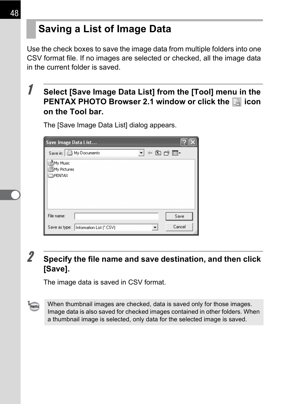 Saving a list of image data, P.48 | Pentax 2.1 User Manual | Page 50 / 104