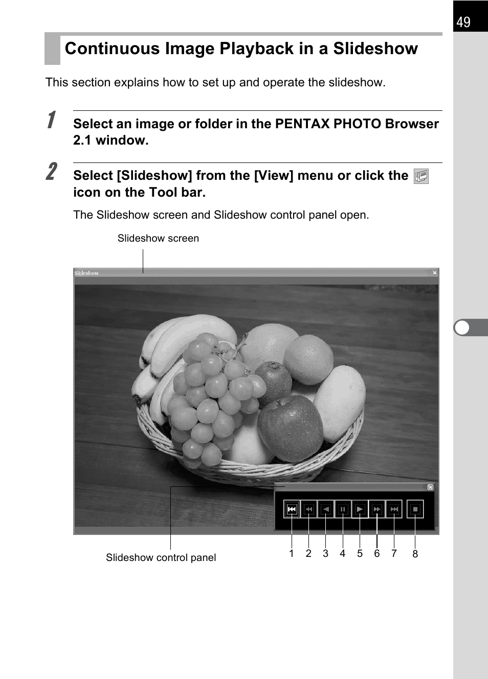 Continuous image playback in a slideshow, P.49) | Pentax 2.1 User Manual | Page 51 / 104