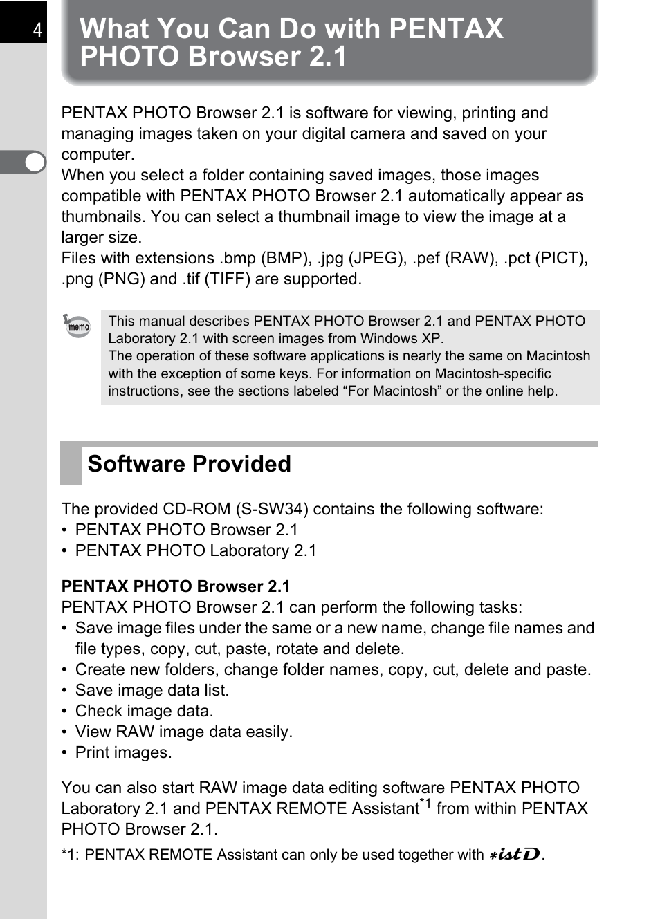What you can do with pentax photo browser 2.1, Software provided | Pentax 2.1 User Manual | Page 6 / 104